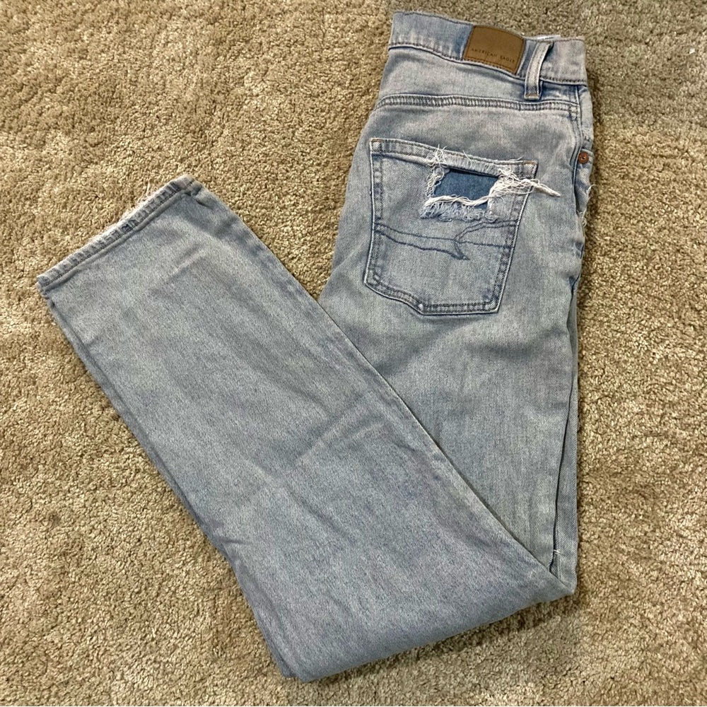 American Eagle Outfitters Light Blue Straight Patch Leg High Waited Jeans